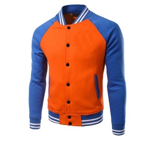 Blouson universitaire décontracté pour homme, orange et bleu, avec empiècements colorés, en polaire, col rabattable, fermeture boutonnée, pour l'automne - Product Image 1