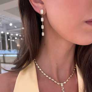 Emerald Lab Grown Diamond Dangle Drop Statement <b>Earrings</b> Custom 14K 18K Solid Gold Bezel Set Push Back Bridal Jewelry Wholesale - Product Image 6