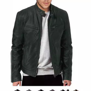 Veste en cuir noire pour homme, col montant, fermeture éclair, style motard, couleur unie, manches classiques, pour l'automne - Product Image 2