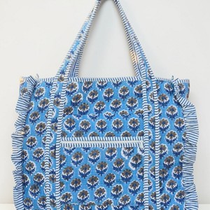 Sac fourre-tout en tissu à motif floral bleu, grande taille, fermeture éclair, poignée longue, sac de shopping, usage quotidien - Product Image 1