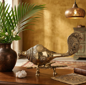 Multicolor stone-studded brass shankh with artistic peacock designs, finely handcrafted, available at wholesale prices. - Product Image 5