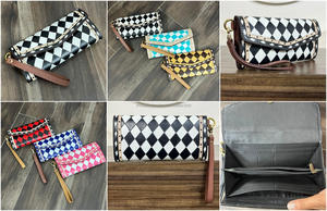 Portefeuille pour femme en cuir véritable à carreaux, personnalisé avec logo, prix de gros, avec porte-téléphone et porte-cartes, pochette avec dragonne - Product Image 3