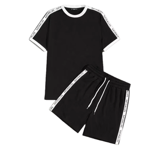 Conjunto Deportivo Unisex de Algodón y Poliéster Negro, Manga Corta, Cuello Redondo, Color Sólido, Transpirable, Informal, Pantalones Cortos de Verano con Cordón Ajustable - Product Image 4