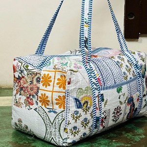 Hand Block Printed Cotton Duffle Luggage <b>Bag</b> Travel Floral Weekend Eco-Friendly Large Capacity Durable Zip Closure Portable - Product Image 2