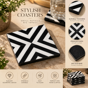 <b>Epoxy</b> Resin Square Coaster Set Black White Geometric Drink Coasters for Coffee Tea Table Decor | Modern Luxury Home Office Gift - Product Image 4