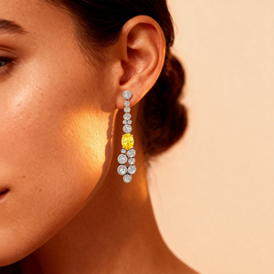 Boucles d'oreilles pendantes de créateur en or 14 carats avec saphir jaune de laboratoire taille coussin et diamant véritable – Bijoux fins de luxe - Product Image 2