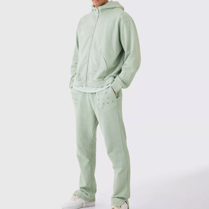 High Quality Custom <b>Distressed</b> Pullover Tracksuit Winter Hoodie Sweatpants Set with Solid Pattern Hooded Collar Tracksuit - Product Image 3