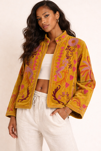 Chaqueta Bomber Estilo Boho para Mujer, Bordada a Mano, de Algodón Sujani, Acolchada de Terciopelo, Estilo Étnico Vintage, Venta al Por Mayor, Artesanal - Product Image 4