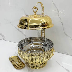 Modern Round Stainless Steel <b>Buffet</b> <b>Server</b> Matte Black Gold Finish Food Warmer Hydraulic Glass Lid Professional Hotel Catering - Product Image 1