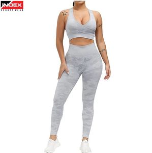 INDEX SPORTSWEAR Conjunto de Yoga de 2 Piezas para Mujer, Camuflaje, Leggings de Cintura Alta, Top Corto con Cuello en V Profundo, Transpirable, Spandex, Poliéster - Product Image 1