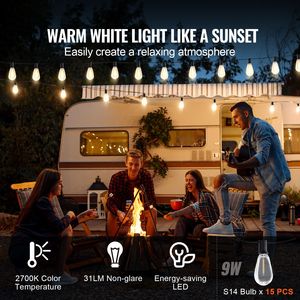 Catena Luminosa LED Impermeabile da Esterno 50FT, 2700K Dimmerabile, 15 Lampadine S14 Infrangibili, Base E12, Corpo Lampada in PVC, Luce Bianca Calda - Product Image 2