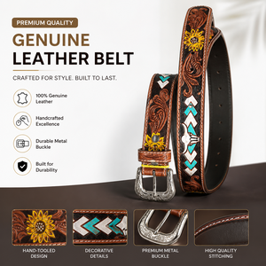 Premium Hand <b>Tooled</b> Western Leather <b>Belt</b> for Men Decorative Inlay Design with Metal Buckle - Product Image 4