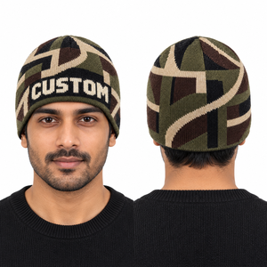 High Quality Acrylic Custom Abstract Camo <b>Knit</b> Beanie Unisex Green Brown Geometric <b>Pattern</b> Winter Hats Wholesale Streetwear Caps - Product Image 5