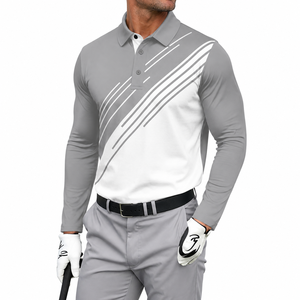 Unisex Gray Three <b>Quarter</b> Sleeve Zipper Closure Lightweight Polo Shirt <b>White</b> Diagonal Stripes Breathable Knitted Golf - Product Image 2