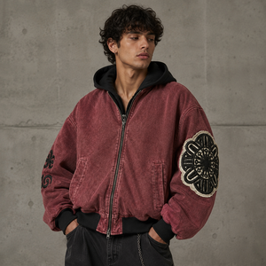 Produttore di Abbigliamento, Giacca Invernale Vintage Imbottita Personalizzata, Giacca Bomber con Zip e Ricami Applicati Effetto Lavaggio Acido per Uomo - Product Image 1