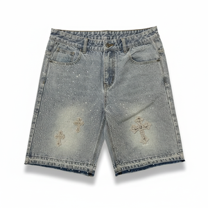 Pantalones cortos de mezclilla holgados para hombre con diseño único, estilo streetwear de verano, con pedrería en toda la prenda, totalmente lavados. - Product Image 6