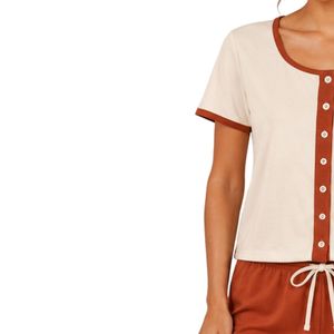 White And Rust Women Two Piece Shorts Set Round Neck Button <b>Top</b> Rose Embroidery Casual Summer Cotton Lounge Wear Outfit OEM - Product Image 3