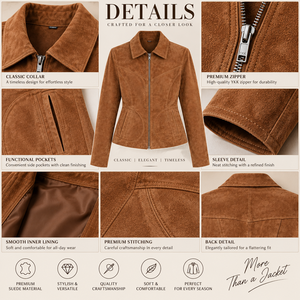 Veste moto en daim synthétique marron pour femme, à franges, embossée, col rabattu, fermeture éclair, manches longues, style décontracté, doublure en laine pour l'automne - Product Image 6