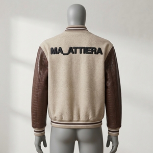 <b>Men</b> Cream Wool <b>Leather</b> Sleeve Bomber <b>Jacket</b> <b>Brown</b> Crocodile Texture Custom Embroidered Premium Streetwear - Product Image 2