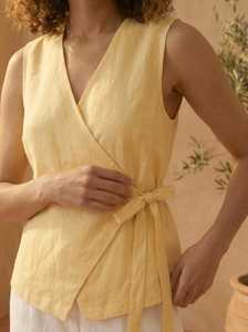 Women Vintage Sleeveless Blouse V-Neck <b>Wrap</b> Tie Solid <b>Pink</b> Breathable Eco-Friendly Office ODM Spring Summer Top - Product Image 2