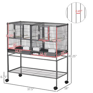 Gabbia per Uccelli in Metallo con Ruote, Grande 40.25"H, Ripiano Portaoggetti, Posatoio in Legno, Contenitore Cibo, Nero/Grigio per Razze Piccole - Product Image 3