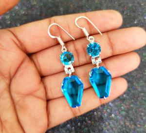 Boucles d'oreilles pendantes en laiton plaqué argent 925, style bohème artisanal, topaze bleue, élégantes, tendance, bijoux de mariage en perles - Product Image 2