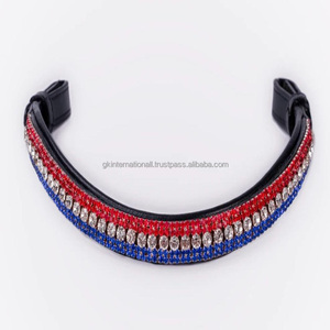 Design personnalisé fabriqué à la main noir anglais selle en cuir cheval front bande décorée avec 5 rangées de cristaux colorés diamante - Product Image 4
