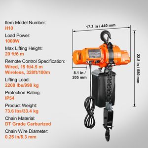 Paranco Elettrico a Catena con Capacità di Carico di 2200 Libbre, Altezza di Sollevamento di 20 Piedi, Velocità di 6,9 Piedi/min, 120V Monofase, Catena per Gru a Ponte 328 - Product Image 2
