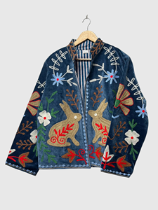 Hand Embroidered Velvet Jacket Mandarin Collar Full Sleeve Floral Pattern Plus Size Women'<b>s</b> Winter Coat Prairie Chic Style - Product Image 2