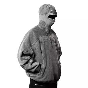 High Street Half Face Zip Up Ninja Hoodie Vintage French Terry Blank Oversized Pullover Stone Acid Washed Mask Hoodies - Product Image 1