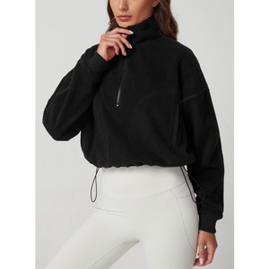 2026 Latest Women's <b>Black</b> Fleece Half-Zip Oversized Sweatshirt Stand Collar Drop-Shoulder Full <b>Sleeve</b> <b>Short</b> <b>Crop</b> Winter Wear ODM - Product Image 3