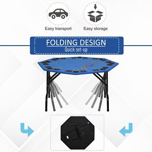 Mesa de Póker Octogonal de Fieltro Azul de 47 Pulgadas, Mesa de Juego Plegable para Blackjack para 8 Jugadores con Portavasos - Product Image 4