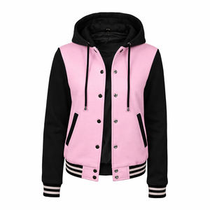 Top Quality Blank Female Varsity Hoodie Jacket Striped Rib Trim Dual Pocket Streetwear Outerwear - Product Image 1