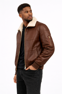 Blouson aviateur en cuir véritable marron pour homme avec col en fourrure sherpa crème - Style classique d'hiver, blouson aviateur B3 - Product Image 3