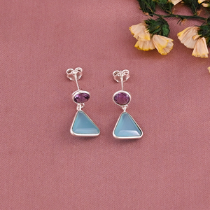 Boucles d'oreilles pendantes tendance en argent sterling 925 plaqué or avec améthyste naturelle et calcédoine aqua serties clos pour femme - Product Image 2