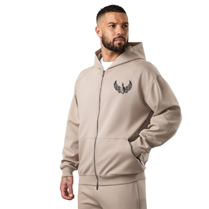 Mens Beige Full <b>Zip</b> <b>Hooded</b> Tracksuit Set Casual Athletic Sweatshirt and Jogger Pants Sportswear Training Workout Outfit Set - Product Image 3