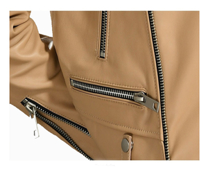 Chaqueta de Motociclista de Cuero PU Color Bronceado para Mujer, con Cierre de Cremallera, Cuello Camisero, Manga Larga, Estilo Otoñal - Product Image 5