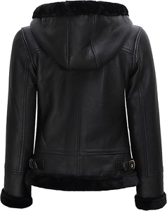 Veste de moto en cuir véritable pour femme avec capuche à fourrure, fermeture éclair, manches longues, couleur unie, coupe-vent pour l'hiver - Product Image 4