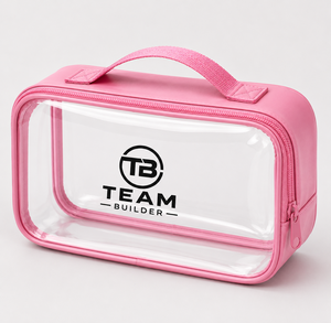 Sac de toilette personnalisé rose transparent pour la salle de bain |   Sac de voyage transparent pour cosmétiques avec fermeture éclair et poignée, étiquette privée OEM |   Lavable et durable - Product Image 1