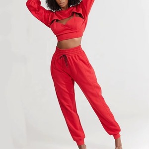 Women Red Hooded Tracksuit Set Full Sleeve <b>Crop</b> Top With Drawstring Joggers Casual Loose Fit Solid Color Winter wear - Product Image 3