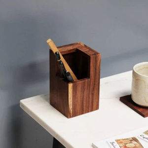 Organizador de escritorio de madera con doble compartimento Soporte de papelería hecho a mano para oficina y hogar - Product Image 6