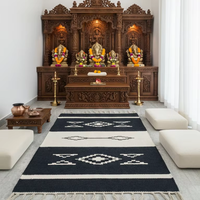 Tapis de voyage/pique-nique rectangulaire en coton tissé à la main, motif floral moderne, lavable en machine, réversible, noir, 950 GSM