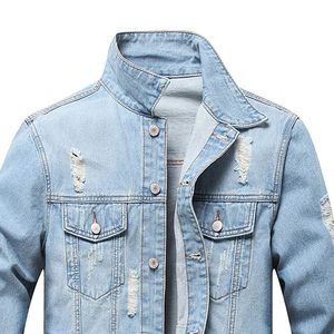 <b>Men's</b> Light Blue Distressed Denim <b>Jacket</b> Stand Collar Button Closure <b>Long</b> Sleeve Casual Ripped Jean <b>Jacket</b> Spring Autumn Wear - Product Image 4