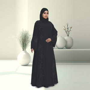 ชุดอาบายะห์อิสลามแบบเรียบง่ายสำหรับวันอีด ตกแต่งด้วยคริสตัล แผงผ้าจับจีบด้านหน้า ดีไซน์ทรงบานยาวคลุมเท้า สำหรับผู้หญิง - Product Image 4