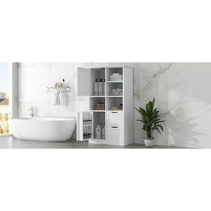 Mobiletto da Bagno Indipendente con Ripiano Aperto e Ripiani Regolabili, Ampio Spazio di Archiviazione, Porte e Cassetti - Product Image 1