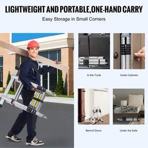 บันไดอลูมิเนียมรูปตัวเอ ขนาด 12.5 ฟุต แบบยืดหดได้ น้ำหนักเบา ปุ่มกดหลายปุ่มสำหรับการพับเก็บ รับน้ำหนักได้ 375 ปอนด์ - Product Image 5