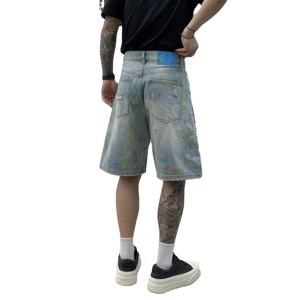 Shorts en jean déchiré pour homme, coupe droite, taille mi-haute, broderies, fermetures éclair, style streetwear, été, tissu en coton tissé, lavable - Product Image 6