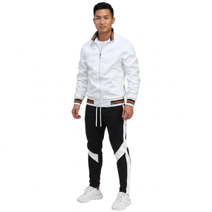 Veste de survêtement blanche à fermeture éclair pour homme avec pantalon à rayures latérales noires, tenue sportive décontractée, manches longues, survêtement en polyester, vêtements d'automne - Product Image 3
