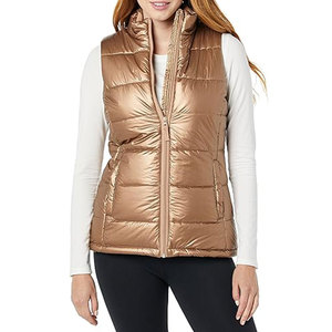 Chaleco Acolchado Dorado Metálico para Mujer con Cuello Alto y Cierre de Cremallera, Ropa Exterior Informal - Product Image 1