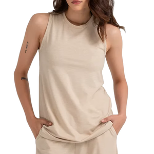 Débardeur en tricot beige à col rond pour femme, couleur unie, respirant, décontracté, sans manches, longueur normale - Product Image 1